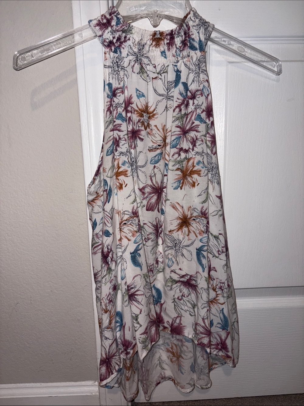 Floral High-Neck Sleeveless Tunic Top - White Base with Teal & Mauve Flowers